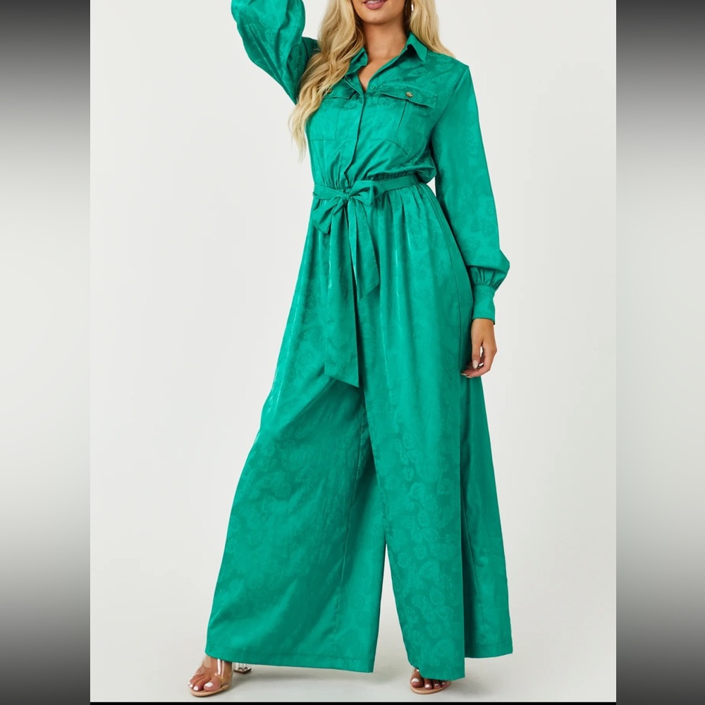 NWT Flying Tomato Jade Leaf Jacquard Long Sleeve Satin Wide Leg Jumpsuit large